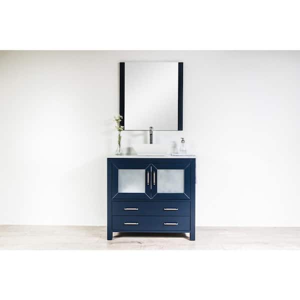 Unbranded Newport 36 in. W x 18 in. D Bath Vanity in Navy with Marble Vanity Top in White with White Ceramic Basin and Mirror