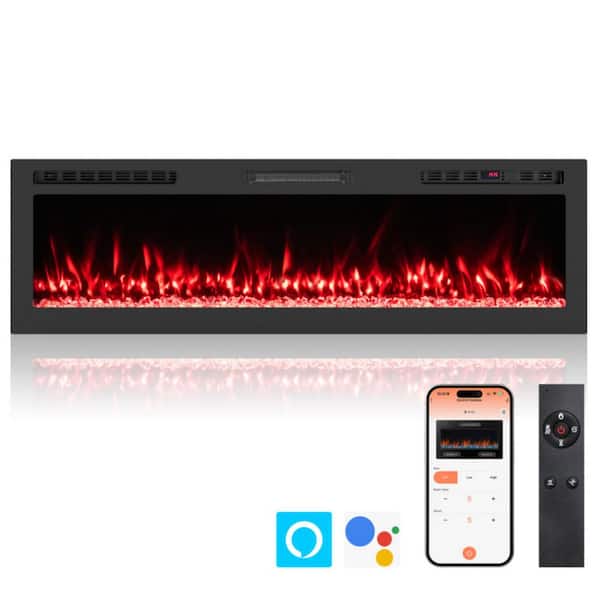 60 in. Smart WiFi Wall Mount Electric Fireplace in Black with 12 Flame, Remote, 5 Brightness, Timer, Recessed Fireplace