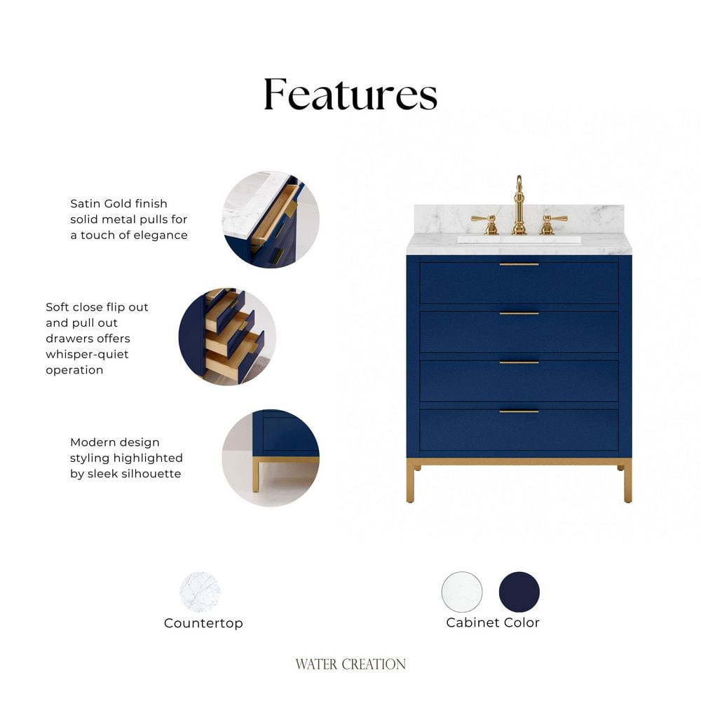 Bristol 30" Monarch Blue Single Sink Vanity with Carrara Marble Top