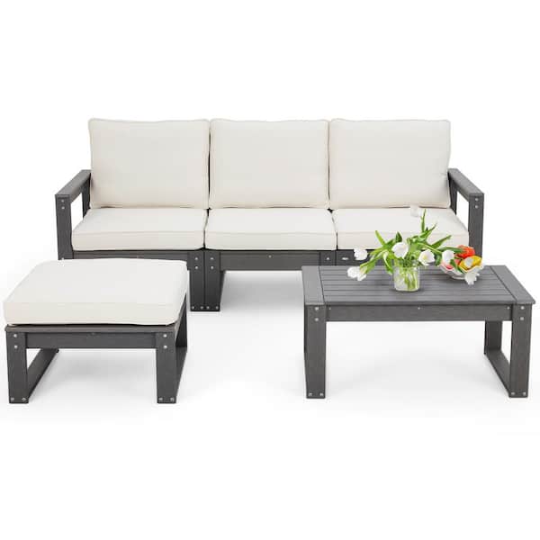 acuut Nageslacht Stimulans EROMMY 3-Piece Plastic Outdoor Sectional Sofa with Creamy-White Cushions,  HDPE Patio Furniture Set BCAC001GY - The Home Depot