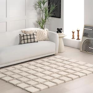 Christabel Checkered High-Low Shag Beige 5 ft. 3 in. x 7 ft. 3 in. Modern Area Rug