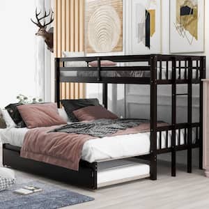 Espresso Twin Over Twin/King Bunk Beds with Pull-Out Trundle, Solid Wood Trundle Bed with Safety Ladder