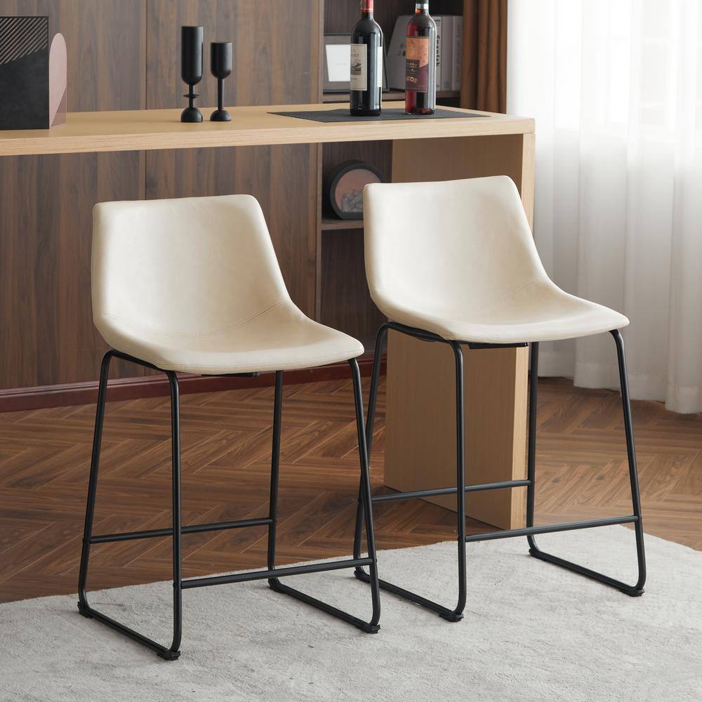 Cream Faux Leather and Black Steel Armless Counter Stools, Set of 2