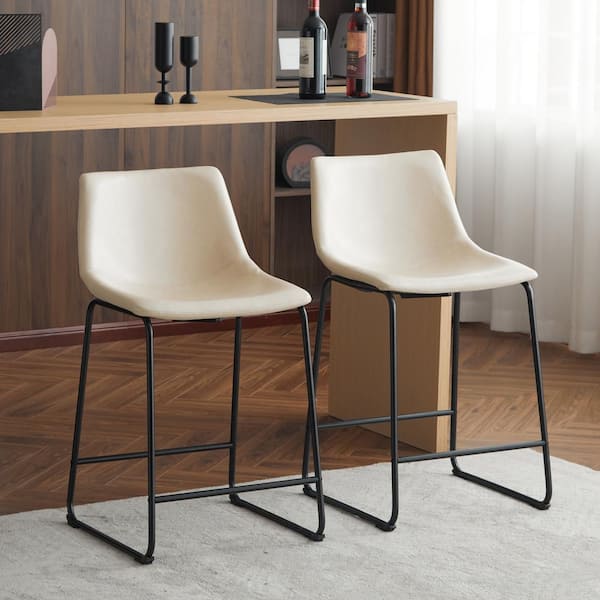 24.25 in. Black Metal Bar Stool with Cream Faux Leather Seat