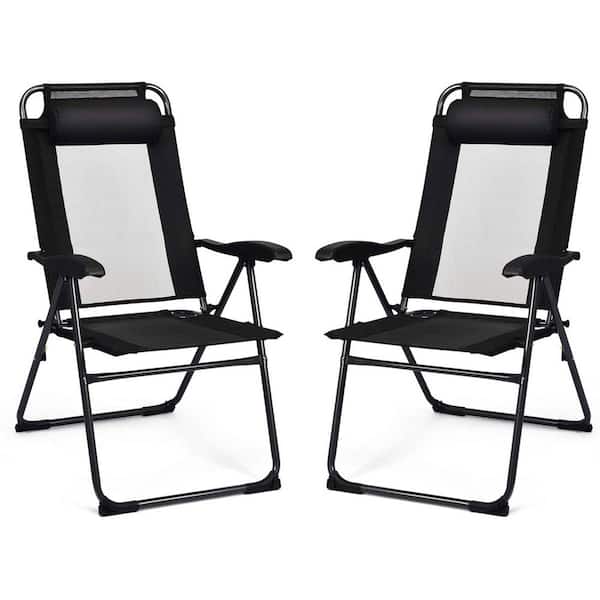 SUGIFT Black Folding Adjustable Reclining Metal Outdoor Lounge Chair in Black (Set of 2)