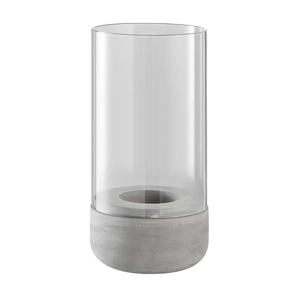 Large Clear Glass and Gray Cement Hurricane Candle Holder