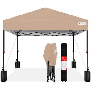 8 ft. x 8 ft. Tan Pop Up Canopy w/1-Button Setup, Wheeled Case, 4 Weight Bags