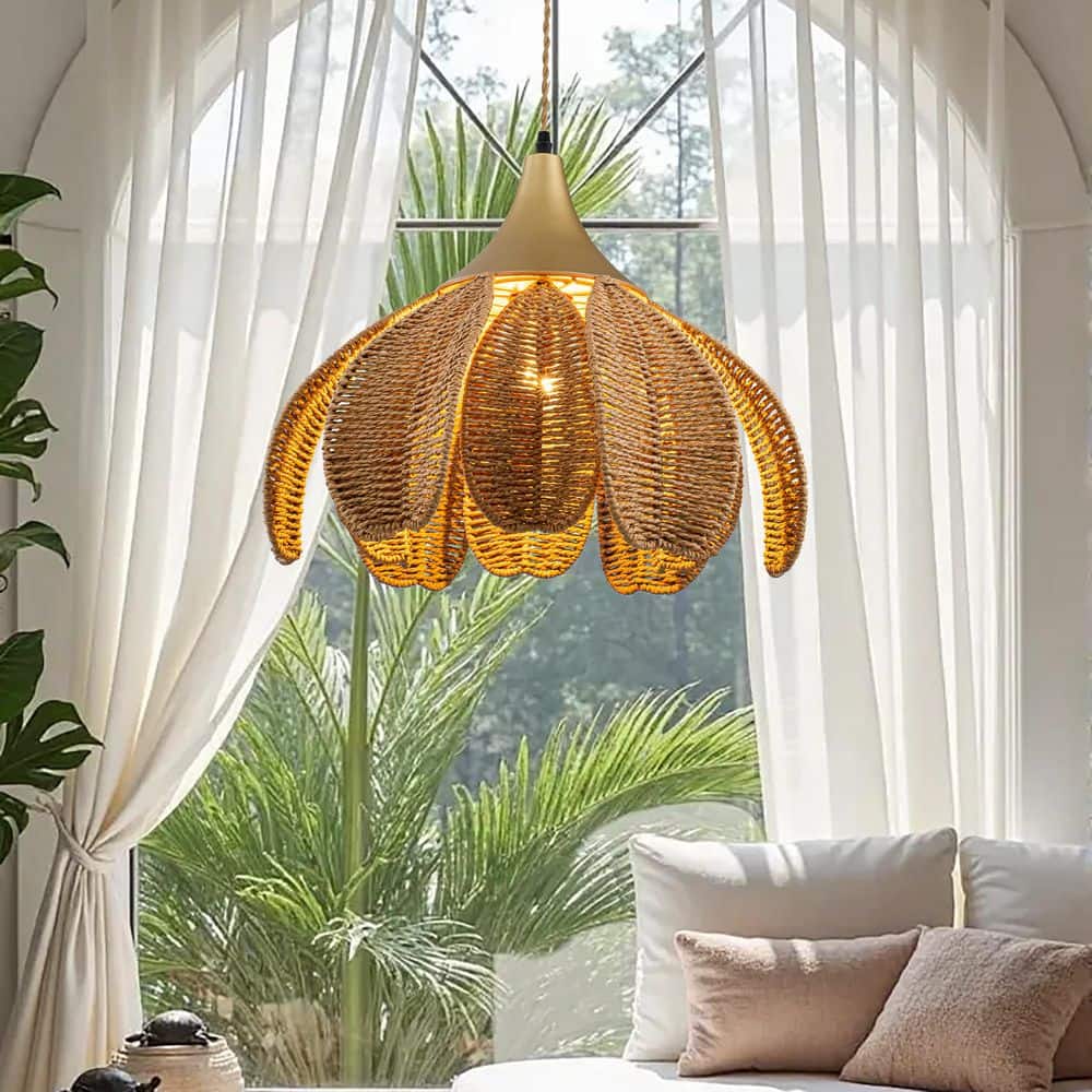 Boho Rattan Flower Chandelier – 20" Handwoven Hemp Rope Pendant Light, E26 Base, 60W Max, For Kitchen Island, Dining Room, Living Room