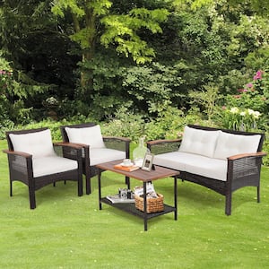 4-Piece Wicker Patio Conversation Set with Off White Cushion