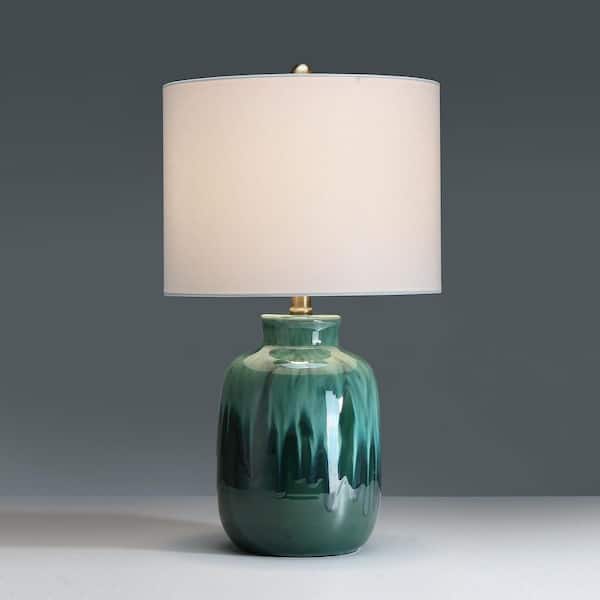 20 in. Green Ceramic Table Lamp with White Drum Shade
