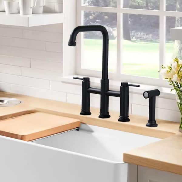8 in. Double Handle Bridge Kitchen Faucet with Pull-Out Sprayer in Matte Black