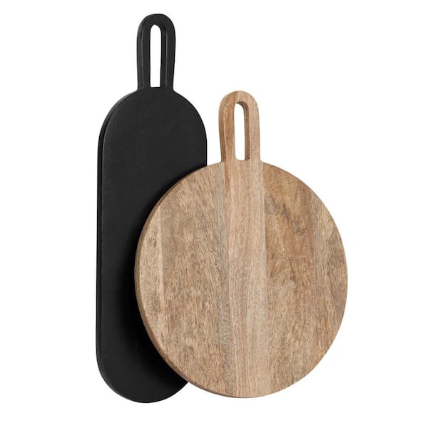 Kate and Laurel Staven Natural/Black Round Wood 7 in. Decorative Tray Set of 2