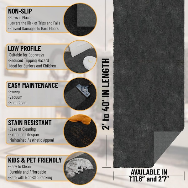 Runner Rug By The Foot 1 ft. 11.6 in. x 39 ft. - Plush Area Runner for Hallways, Entryway and Stairs, Charcoal