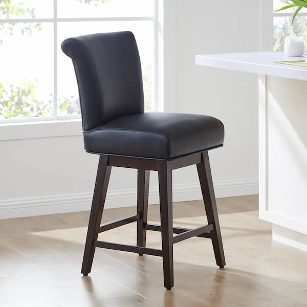 Spruce & Spring Dennis 26 in. Black High Back Solid Wood Frame Swivel Counter Height Bar Stool with Faux Leather Seat