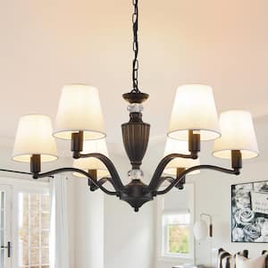 6-Light Wrought Iron Medieval Chandelier for Dining Living Room Pendant Light in Black with White Fabric Shade