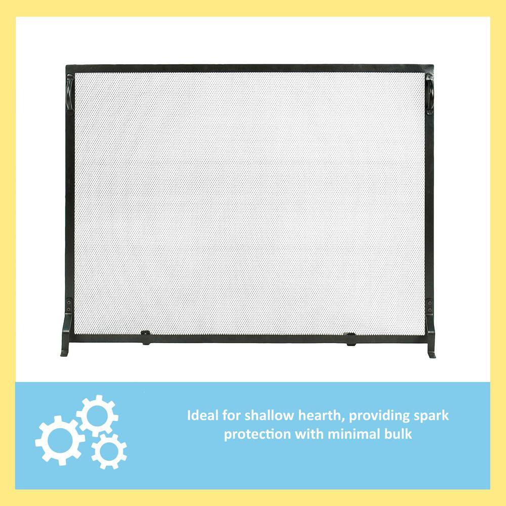 Matte Black Wrought Iron Flat Fireplace Screen with Mesh Panel