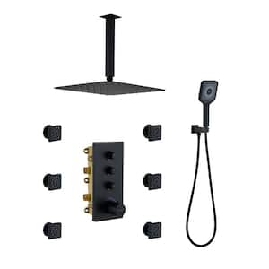 Luxury Thermostatic 3-Spray Patterns 12 in. Flush Ceiling Mount Rainfall Dual Shower Heads with 6-Jets in Matte Black