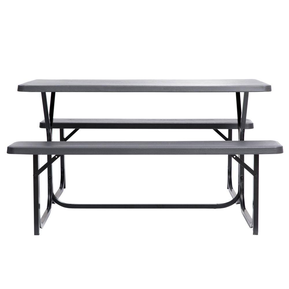 Gray Woodgrain Plastic and Metal Frame Outdoor Picnic Table Set
