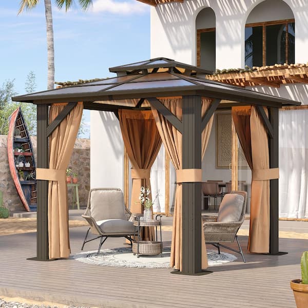 8 ft. x 5 ft. Brown Outdoor Gazebo, Polycarbonate Double Roof Aluminum Frame Gazebo with Curtains and Netting