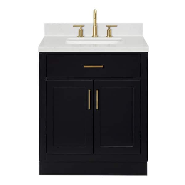 Hepburn 30 in. W x 22 in. D x 36 in. H Single Sink Freestanding Bath Vanity in Black with Carrara White Quartz Top
