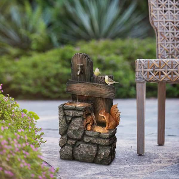 15 in. x 14 in. x 26 in. Decorative 2-tiered waterfall Fountain with Woodland Animal Design and Light for Outdoor