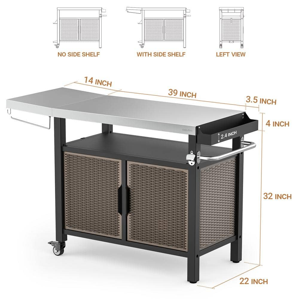 Only Fire 53in Outdoor Grill Cart XL Stainless Steel Countertop Dining Cart Tables with Side Shelf and Wheels