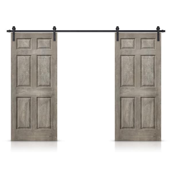 CALHOME 30 in. x 80 in. Vintage Gray Stain Composite MDF 6-Panel Interior Double Sliding Barn Door with Hardware Kit
