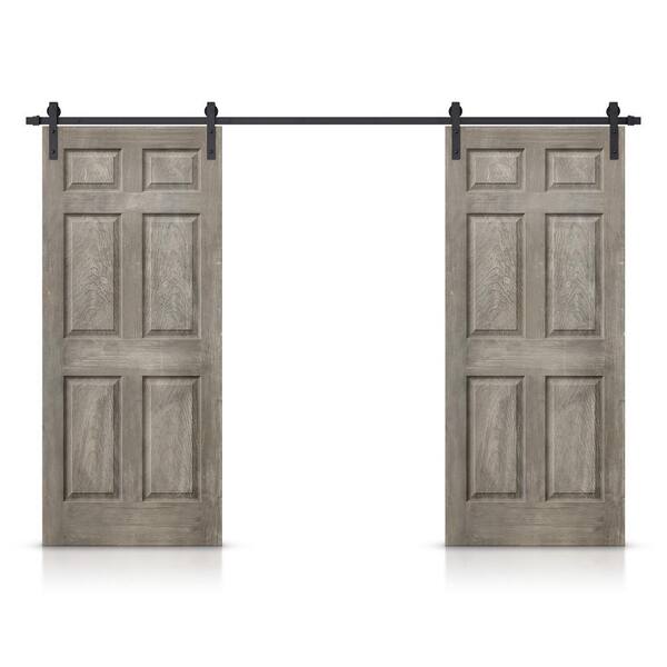 CALHOME 36 in. x 80 in. Vintage Gray Stain Composite MDF 6-Panel Interior Double Sliding Barn Door with Hardware Kit