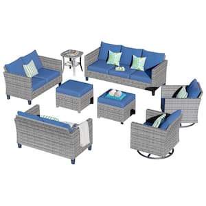 New Star Gray 8-Piece Wicker Patio Conversation Seating Set with Blue Cushions and Swivel Chairs