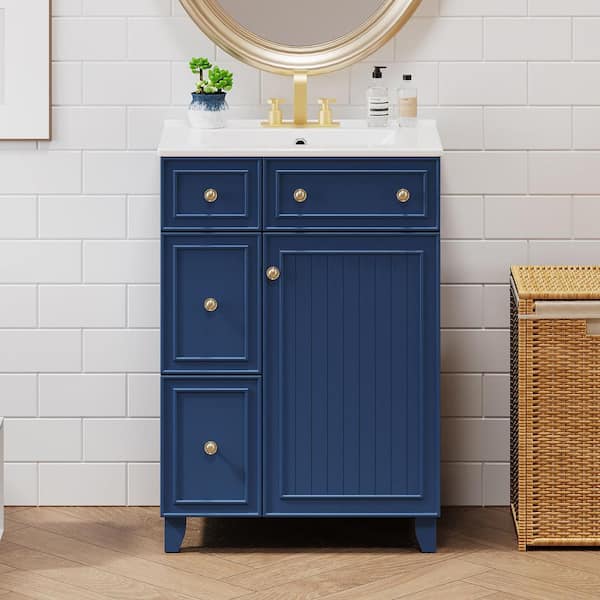 EPOWP 24 in. W x 18.3 in. D x 34.3 in. H Single Sink Freestanding Bath Vanity in Blue with White Ceramic Top and Storage