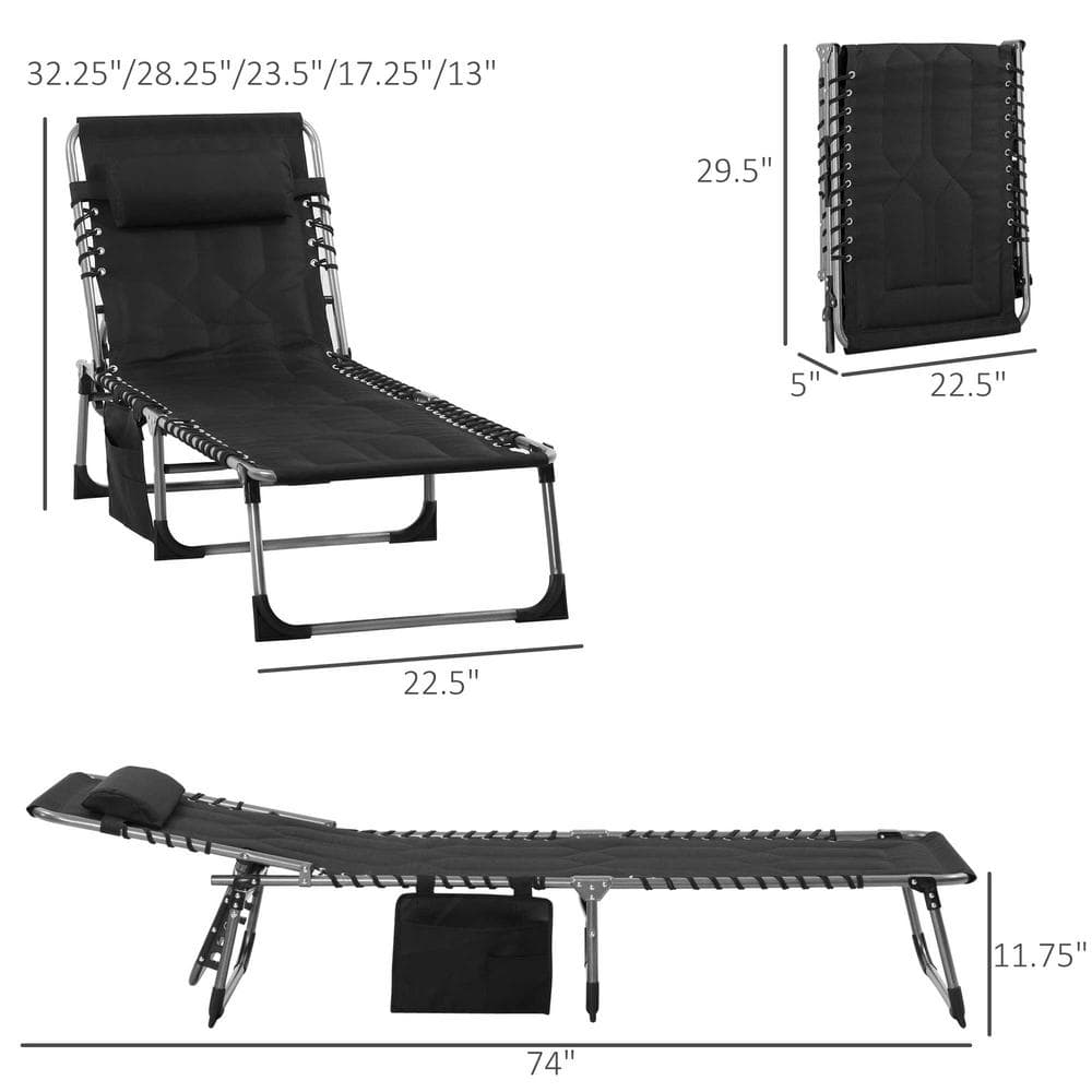Black Padded Folding Armless Outdoor Chaise Lounge Chair