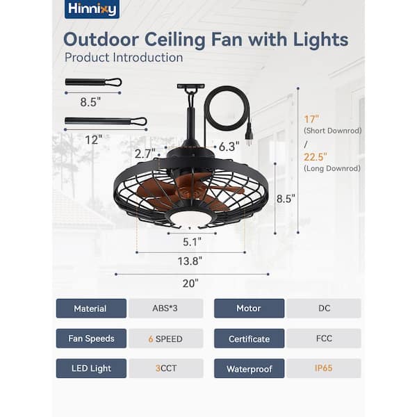 HINNIXY 20 in. Outdoor Walnut Waterproof Caged Ceiling Fan Rope