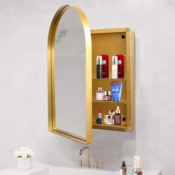 FAMYYT 24 in. W x 36 in. H Gold Arched Metal Framed Recessed or Surface Wall Medicine Cabinet with Mirror