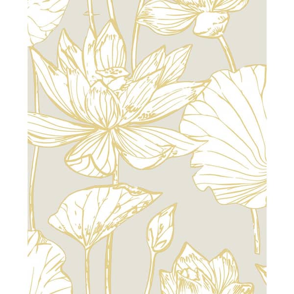 Seabrook Designs 56 sq. ft. Grey and Gold Lotus Floral Prepasted Paper Wallpaper Roll