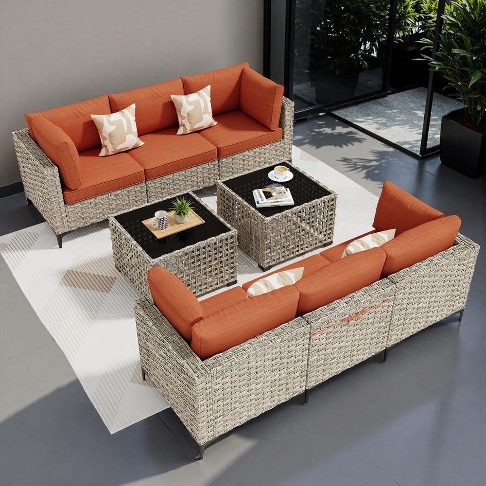 Cozy 8-Pieces Wicker Patio Conversation Seating Sofa Set with Orange Red Cushions
