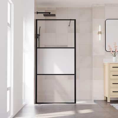 34 in. W x 72 in. H Fixed Framed Shower Door in Matte Black Finish with 1/4 in. (6 mm) ANSI SGCC Clear and Frosted Glass