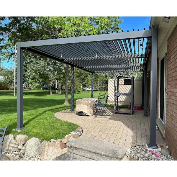 11.7 ft. x 21.2 ft. Gray Aluminum Outdoor Louvered Pergola with 3 Individual Adjustable Roofs and In-Built Gutter System