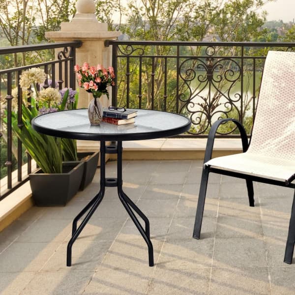 32 in. D x 28 in. H Round Metal Outdoor Patio Table with Tempered Glass Top and 1.6 in. Umbrella Hole