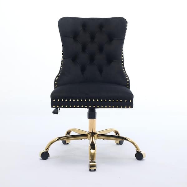 Black Velvet Gaming Chair with Golden Metal Base, Tufted Button Design, Adjustable Swivel Office Chair
