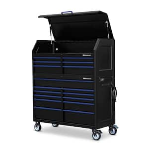 56 in. W x 24 in. D 17-Drawer Tool Chest and Cabinet Combo with Power and USB Outlets in Black and Blue