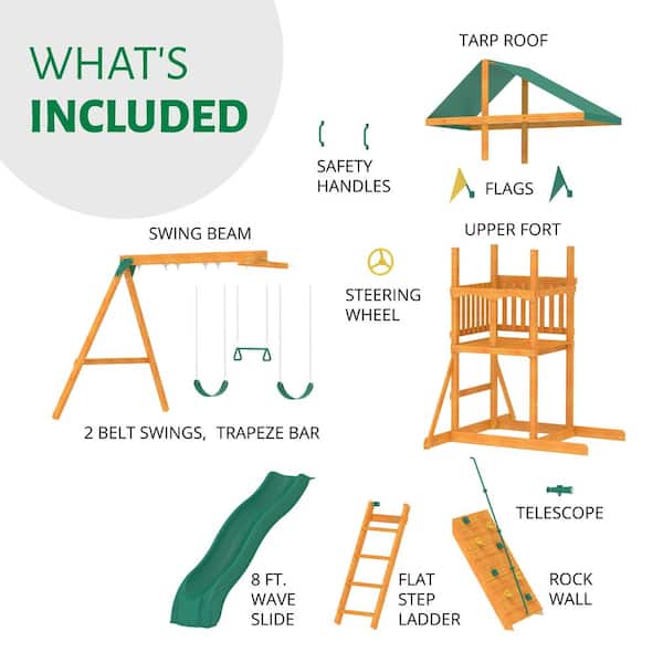 Outing III Wooden Outdoor Playground Set with Vinyl Roof, Slide, Sandbox, Rock Wall, Swing Set, and Playset Accessories