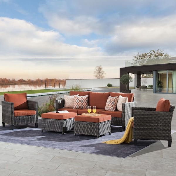 XIZZI Jupiter Gray 5-Piece Wicker Outdoor Patio Conversation Seating Sofa Set with Orange Red Cushions