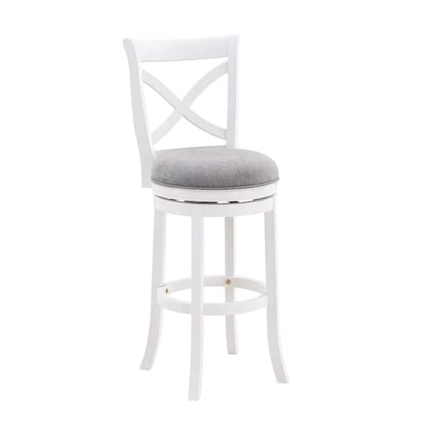 American Woodcrafters Belmont 45 in. High White X-Back Wood 30 in. Seat Height Bar Stool with Light Gray Fabric Seat