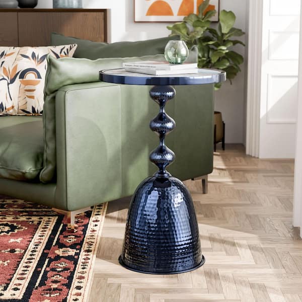 Knoll 15.75 in. Boho Polished Blue Metal Round Faux Marble Top End Table
