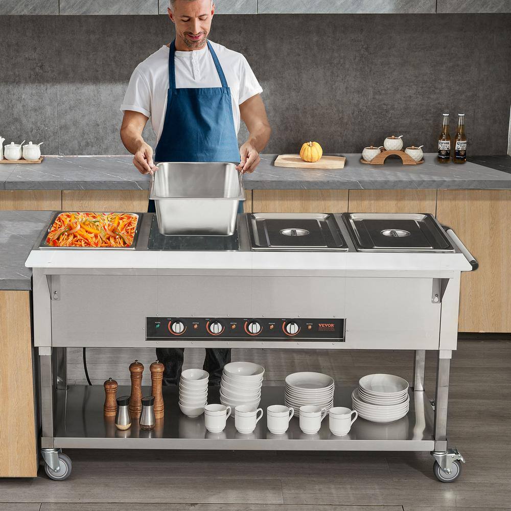 Silver Stainless Steel 4-Pan Commercial Food Warmer with Wheels
