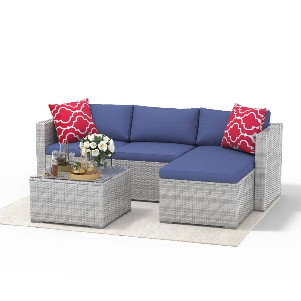 Patio Wicker Sectional Sofa Set 5-Piece Modular Rattan Conversation Seating with Glass Coffee Table, Blue price history on PriceWatchPro