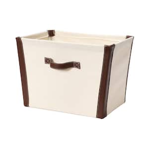 16x11x12 Ivory Canvas Cube Storage Bin with Vegan Leather Trim
