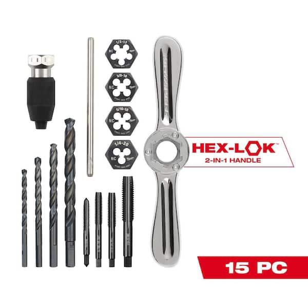 SAE Tap and Die Set w/Hex-LOK 2-in-1 Handle (15-Piece)