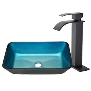 18 in. Rectangular Blue Glass Vessel Sink with Matte Black Faucet and Pop-Up Drain