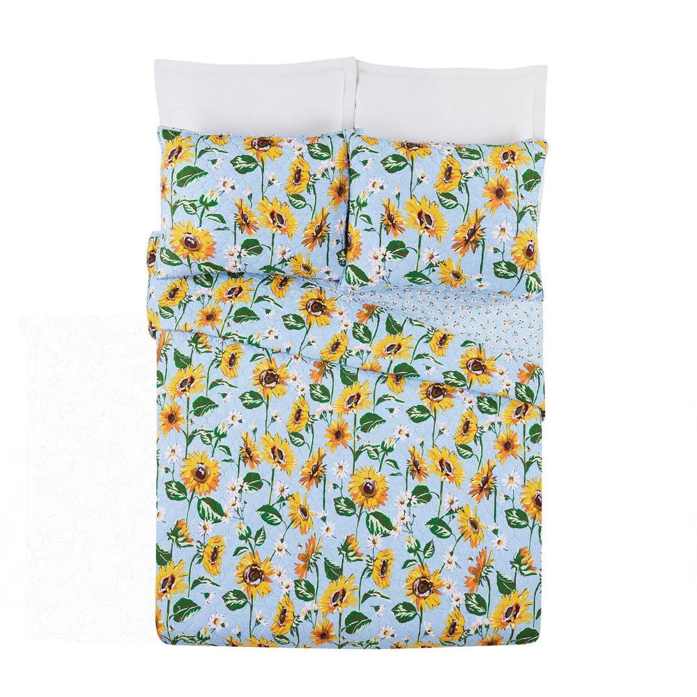 Sunflower Sky Twin Blue Cotton Reversible Quilt Set